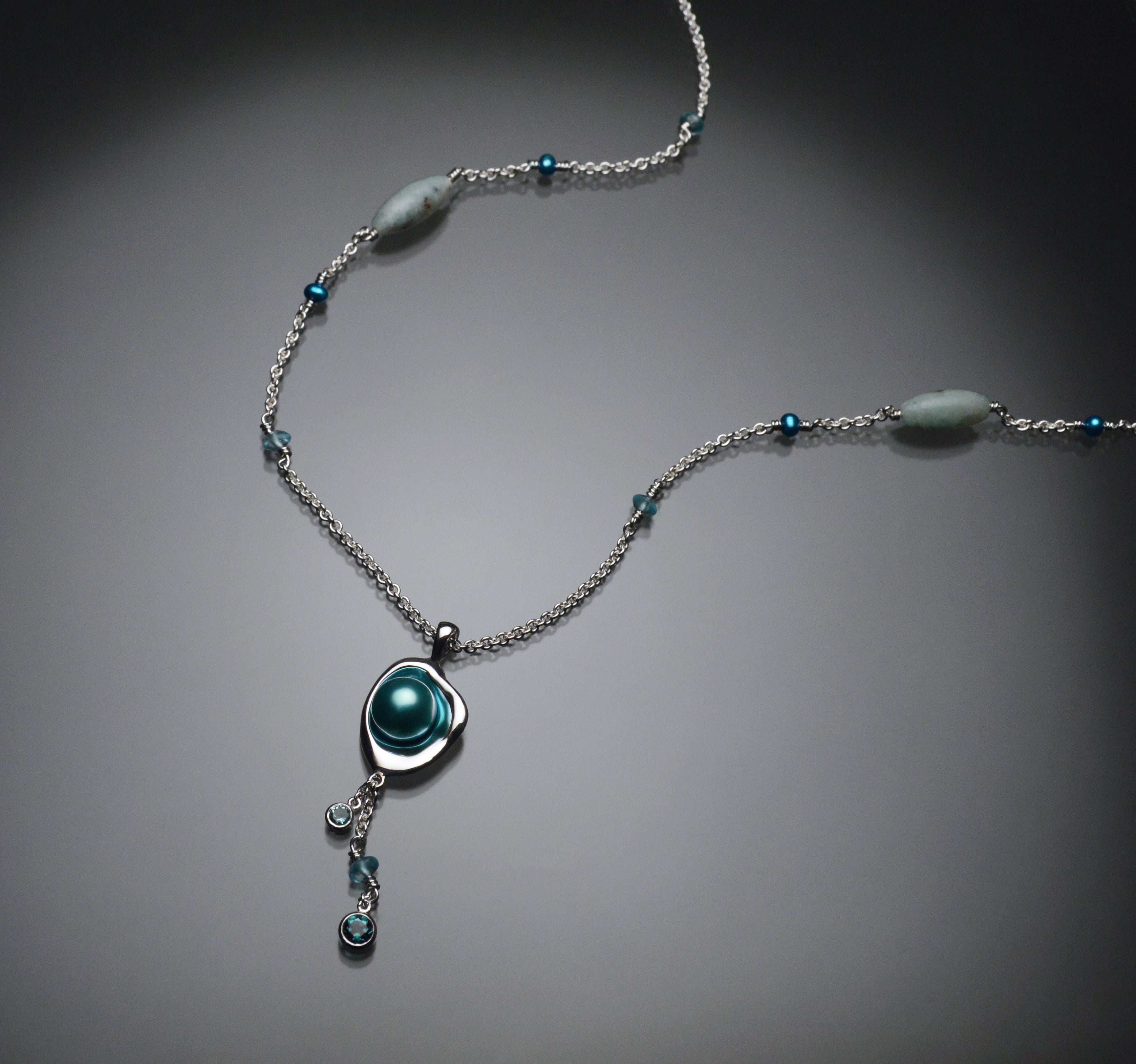 Railay Watercast Pendant with Teal Blue Pearl, Tourmalines, and Chain Accents