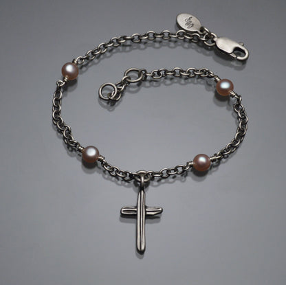 Angel Hair IV Strawcast Cross Bracelet with Champagne Pearls