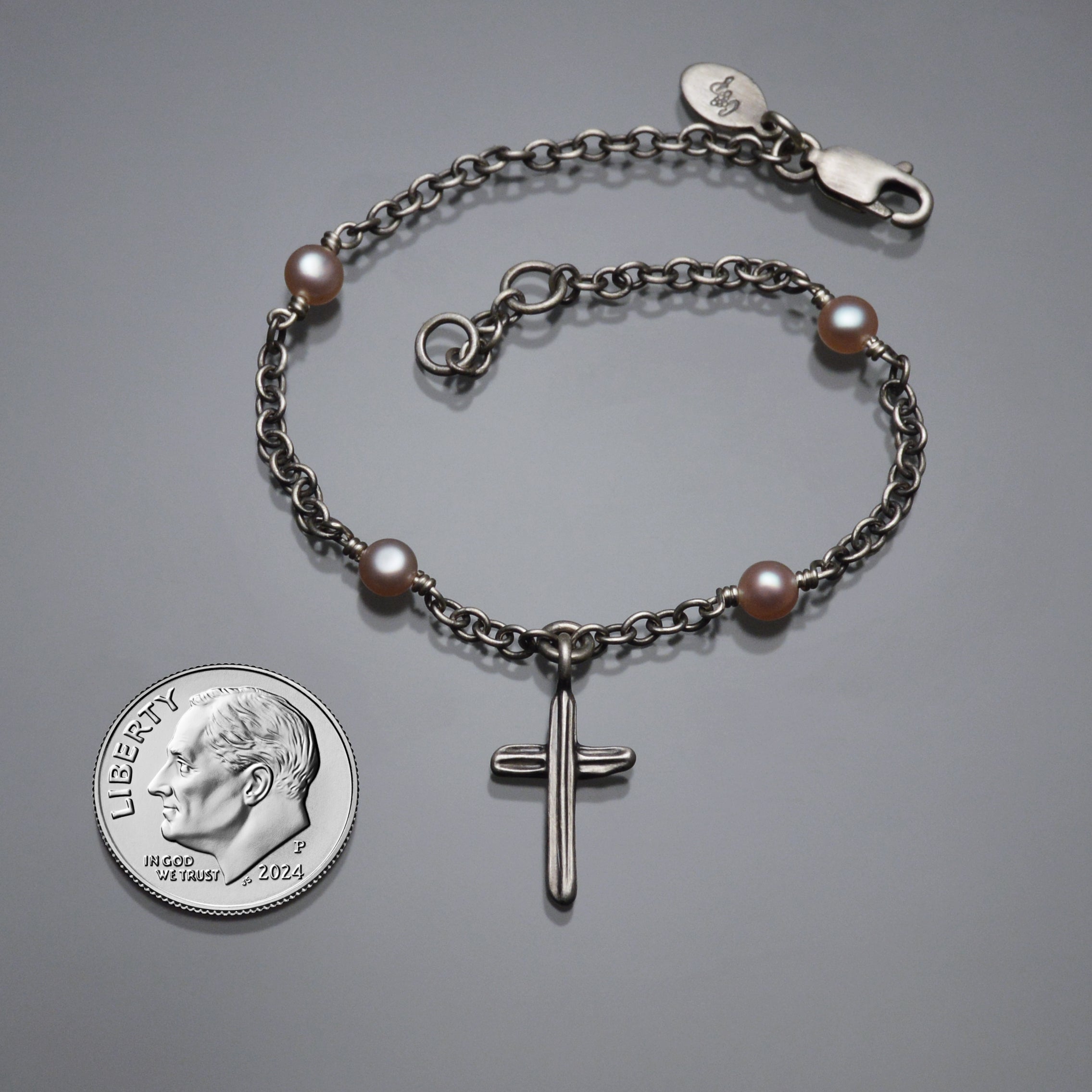 Angel Hair IV Strawcast Cross Bracelet with Champagne Pearls