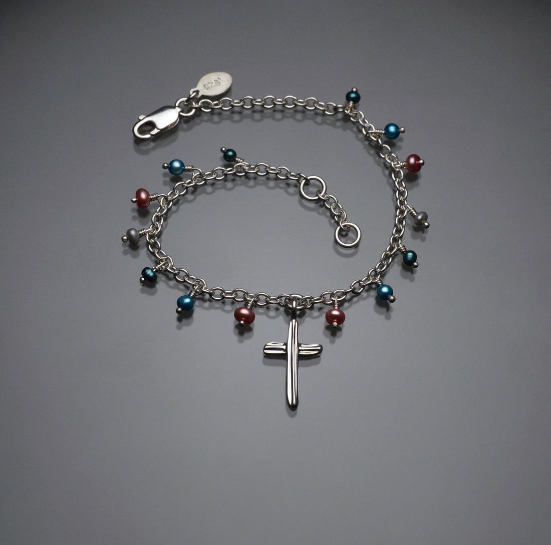 Angel Hair IV Strawcast Cross Bracelet with Multicolored Pearls