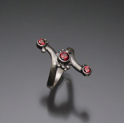Bypass Ring with 3 Rhodolite Garnets
