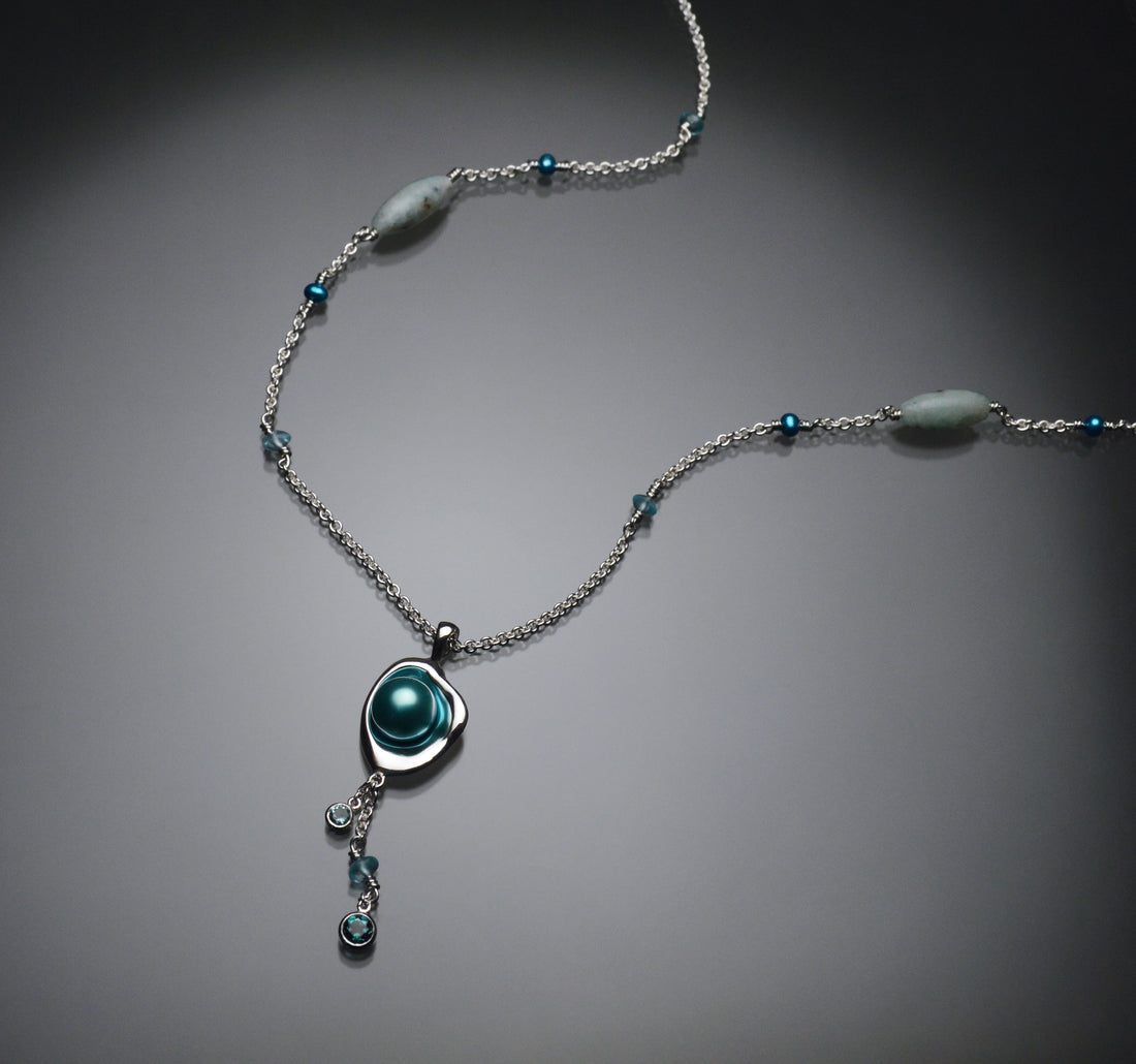 Railay Watercast Pendant with Teal Blue Pearl, Tourmalines, and Chain Accents