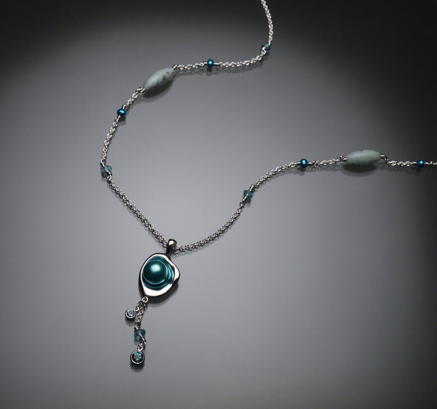 Railay Watercast Pendant with Teal Blue Pearl, Tourmalines, and Chain Accents