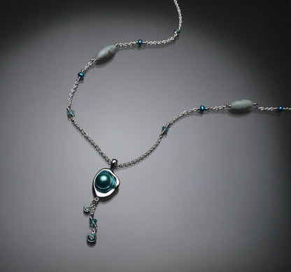 Railay Watercast Pendant with Teal Blue Pearl, Tourmalines, and Chain Accents
