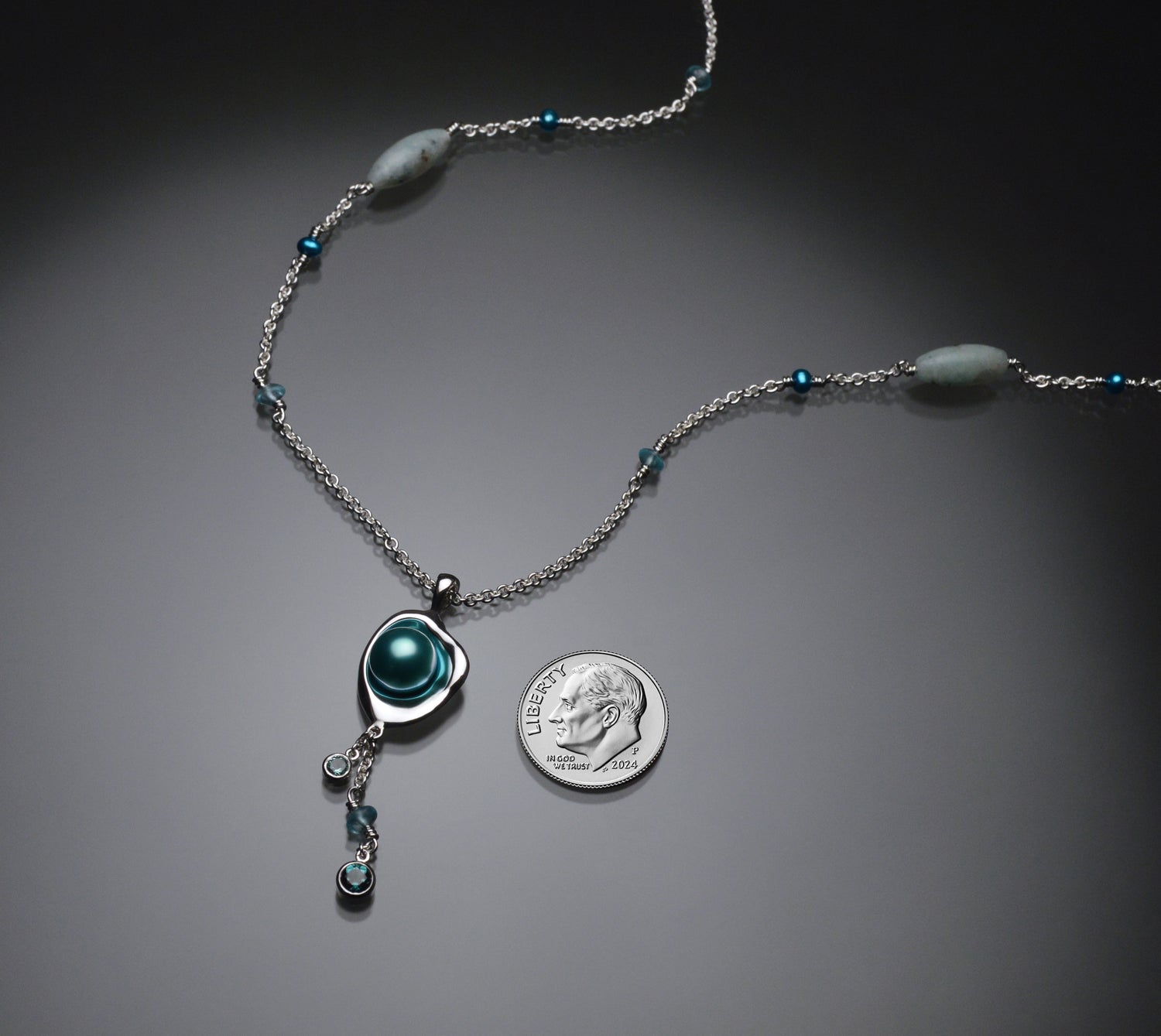 Railay Watercast Pendant with Teal Blue Pearl, Tourmalines, and Chain Accents