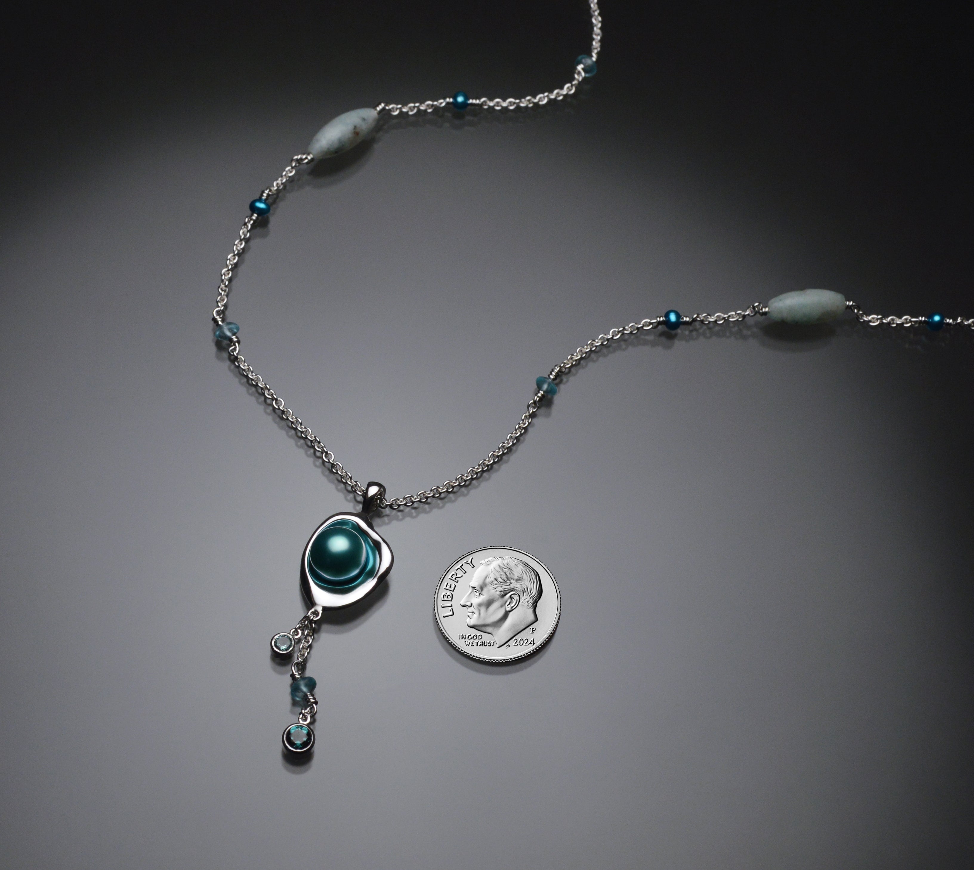 Railay Watercast Pendant with Teal Blue Pearl, Tourmalines, and Chain Accents