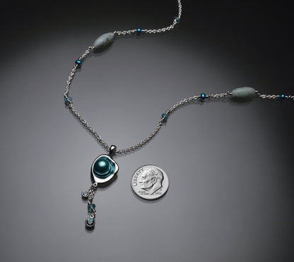 Railay Watercast Pendant with Teal Blue Pearl, Tourmalines, and Chain Accents