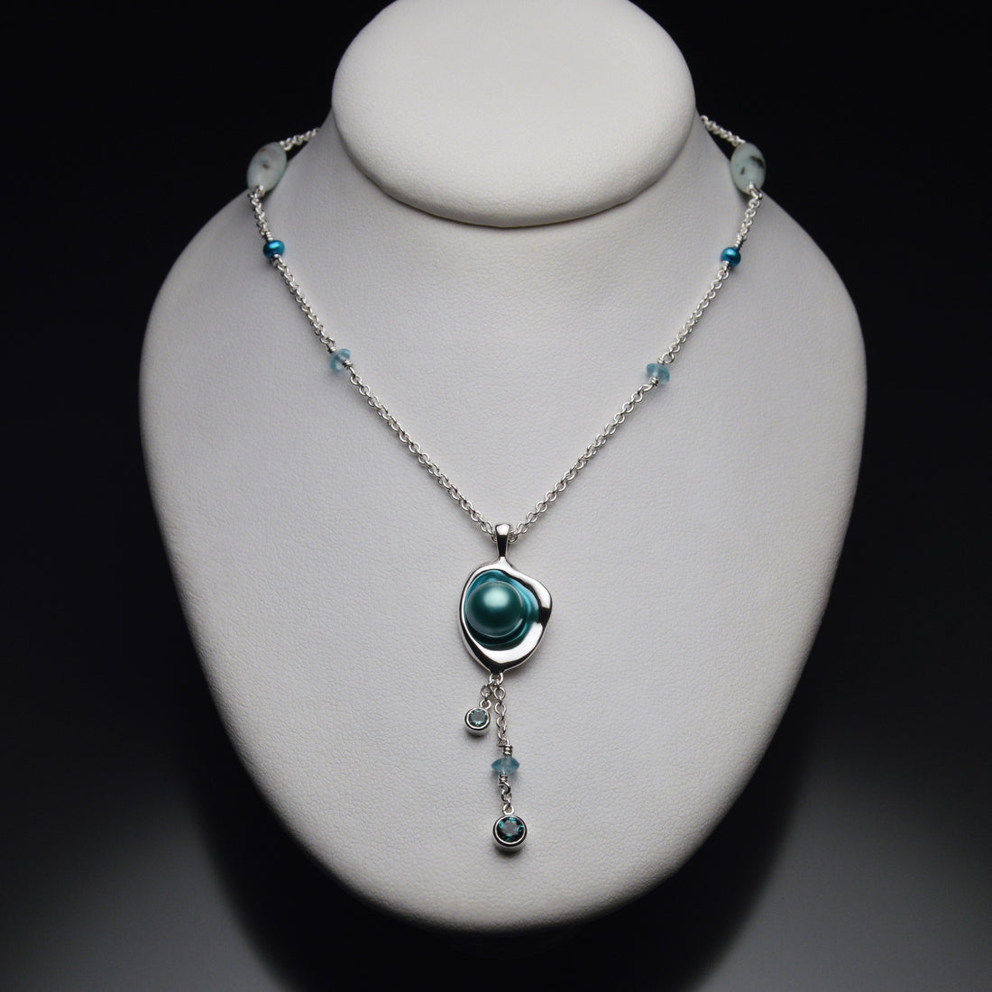 Railay Watercast Pendant with Teal Blue Pearl, Tourmalines, and Chain Accents